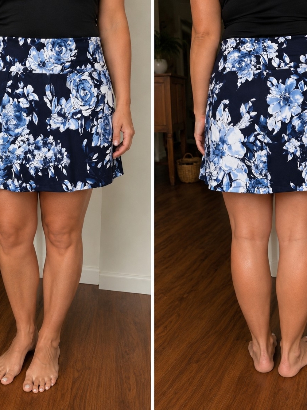 S.C. & Co. Floral A-Line Navy Blue Skort